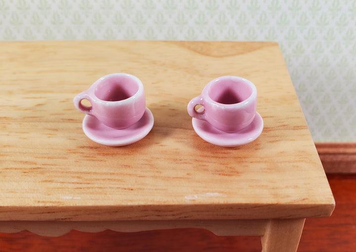 Dollhouse Coffee Mug Cups with Saucer PINK Set of 2 1:12 Scale Miniature Dishes - MiniatureCrush