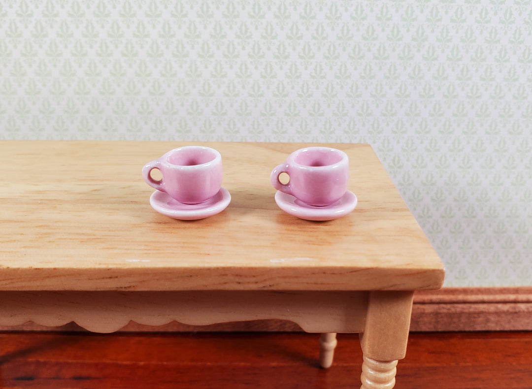 Dollhouse Coffee Mug Cups with Saucer PINK Set of 2 1:12 Scale Miniature Dishes - MiniatureCrush
