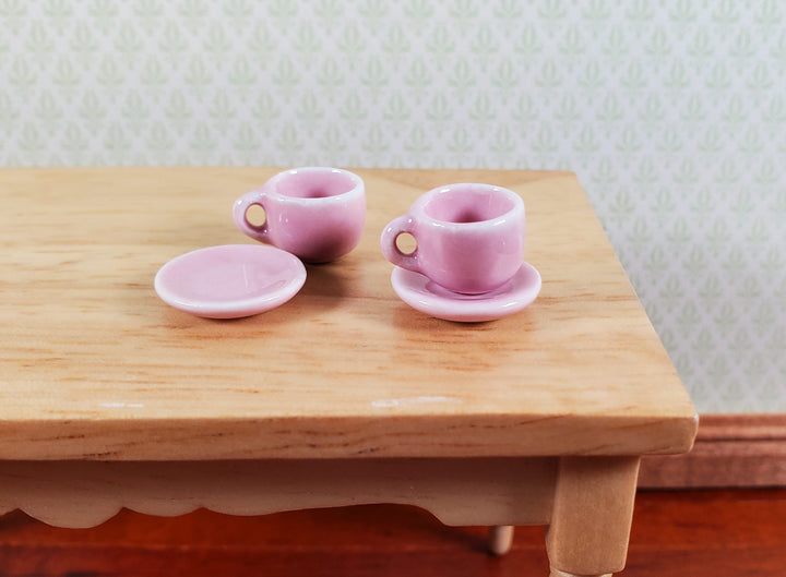 Dollhouse Coffee Mug Cups with Saucer PINK Set of 2 1:12 Scale Miniature Dishes - MiniatureCrush