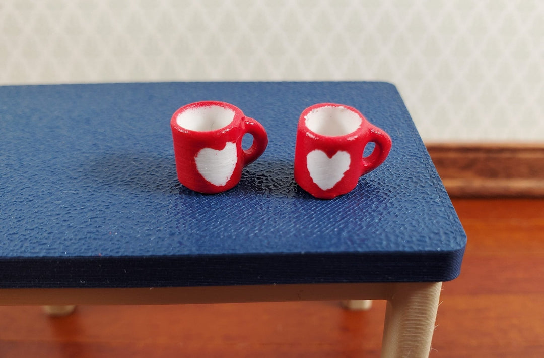 Dollhouse Coffee Mugs Red with White Heart 1:12 Scale Set of 2 Small Dishes - Miniature Crush