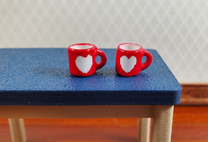 Dollhouse Coffee Mugs Red with White Heart 1:12 Scale Set of 2 Small Dishes - Miniature Crush