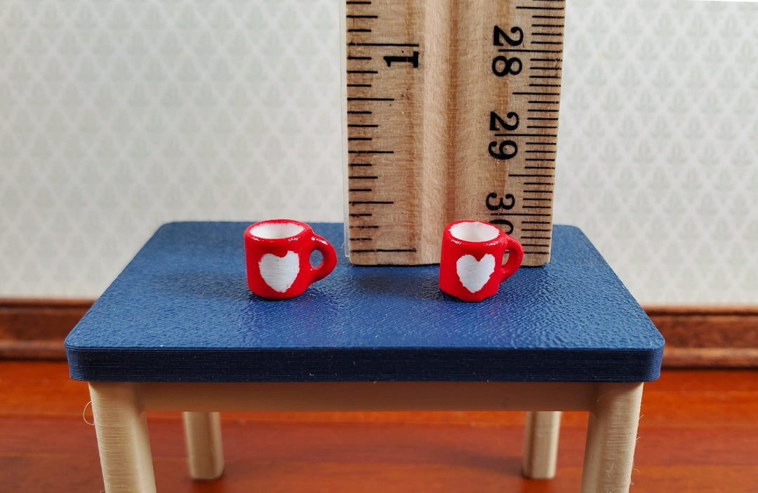 Dollhouse Coffee Mugs Red with White Heart 1:12 Scale Set of 2 Small Dishes - Miniature Crush