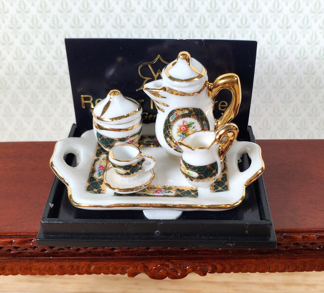 Dollhouse Coffee Set "Irish Gold" on Serving Tray Reutter Porcelain 1:12 Scale - Miniature Crush