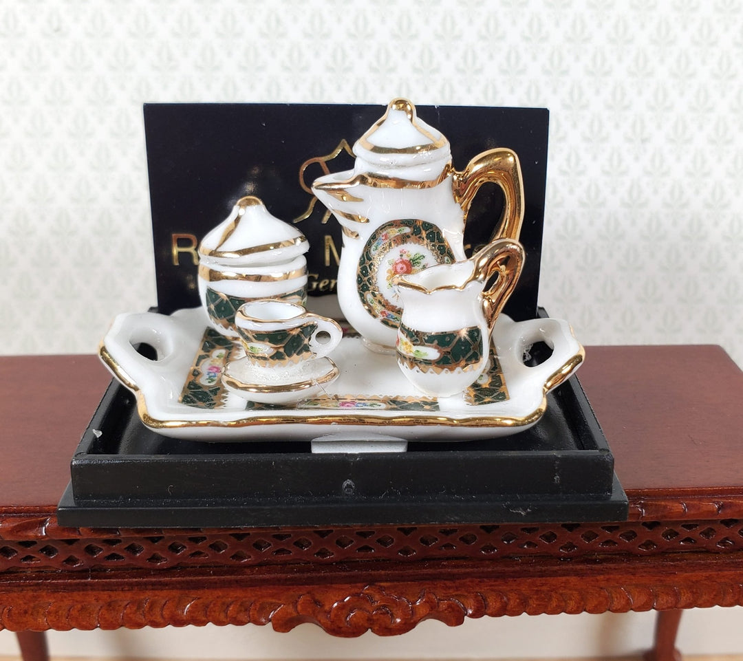 Dollhouse Coffee Set "Irish Gold" on Serving Tray Reutter Porcelain 1:12 Scale - Miniature Crush