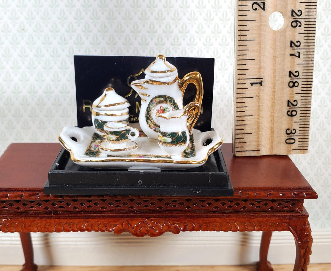 Dollhouse Coffee Set "Irish Gold" on Serving Tray Reutter Porcelain 1:12 Scale - Miniature Crush