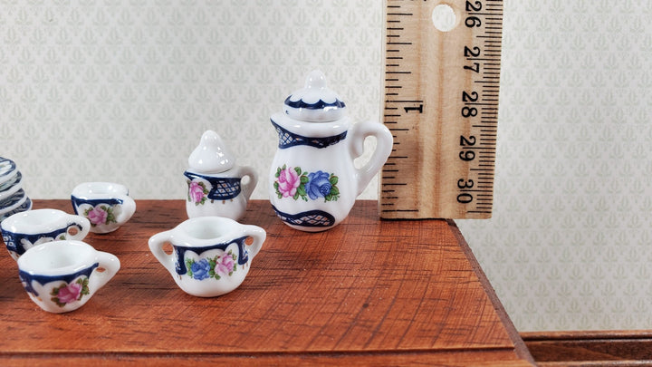 Dollhouse Coffee Set with Plates Blue Lace Design Ceramic 1:12 Scale Miniature - Miniature Crush