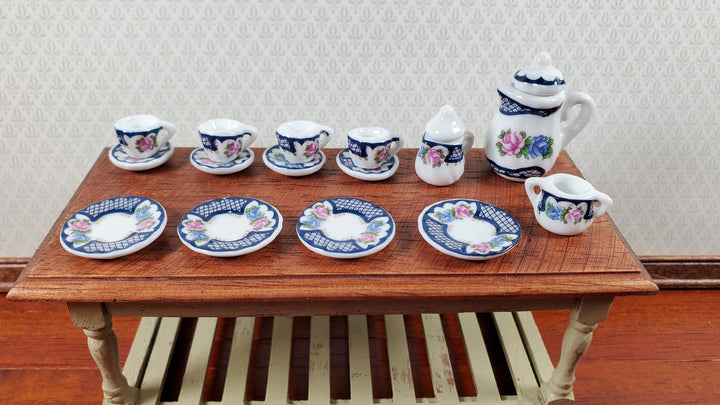 Dollhouse Coffee Set with Plates Blue Lace Design Ceramic 1:12 Scale Miniature - Miniature Crush