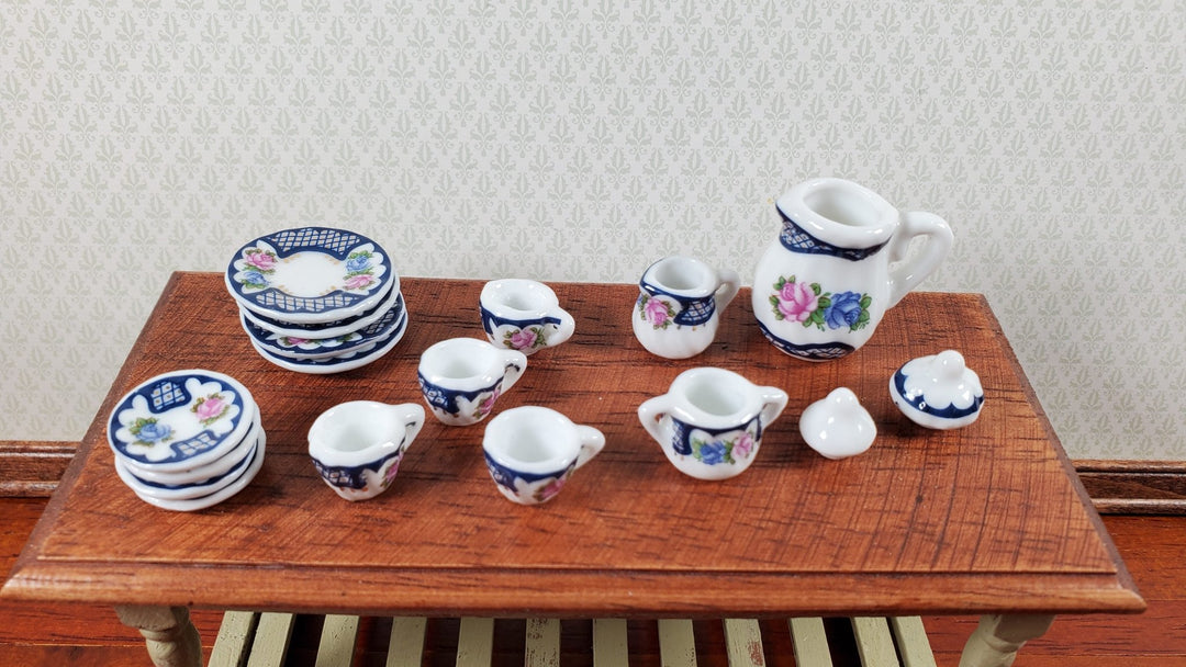 Dollhouse Coffee Set with Plates Blue Lace Design Ceramic 1:12 Scale Miniature - Miniature Crush