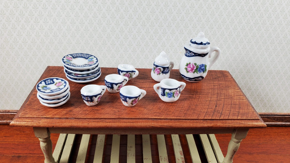 Dollhouse Coffee Set with Plates Blue Lace Design Ceramic 1:12 Scale Miniature - Miniature Crush