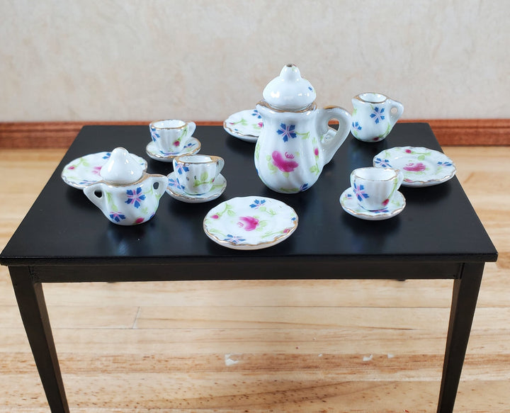 Dollhouse Coffee Set with Plates Ceramic English Posy 1:12 Scale Miniature - MiniatureCrush