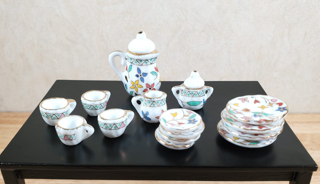 Dollhouse Coffee Set with Plates Ceramic Whimsey Flowers 1:12 Scale Miniature - MiniatureCrush