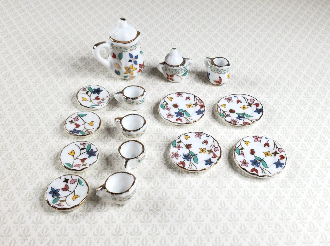 Dollhouse Coffee Set with Plates Ceramic Whimsey Flowers 1:12 Scale Miniature - MiniatureCrush