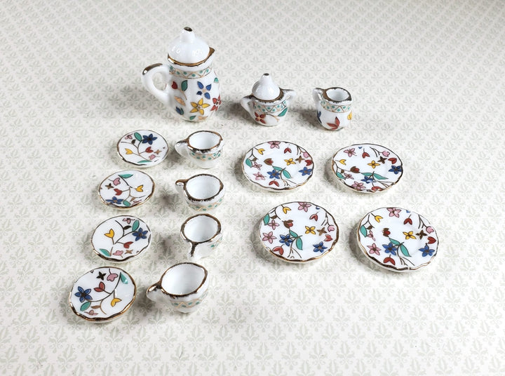 Dollhouse Coffee Set with Plates Ceramic Whimsey Flowers 1:12 Scale Miniature - MiniatureCrush