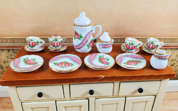 Dollhouse Coffee Set with Plates Cups "Blushing Rose" Ceramic 1:12 Scale - MiniatureCrush