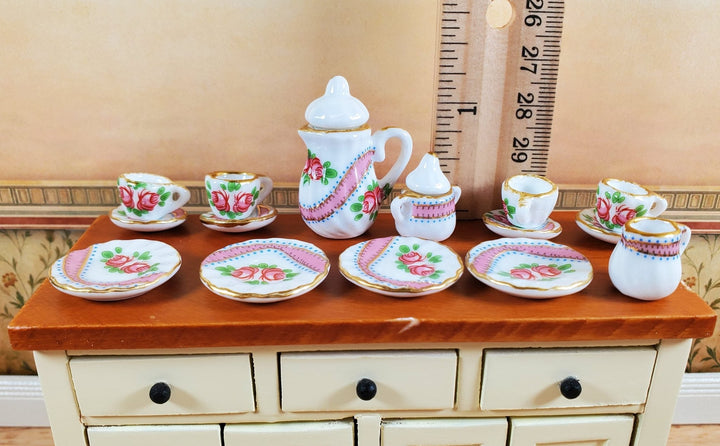 Dollhouse Coffee Set with Plates Cups "Blushing Rose" Ceramic 1:12 Scale - MiniatureCrush