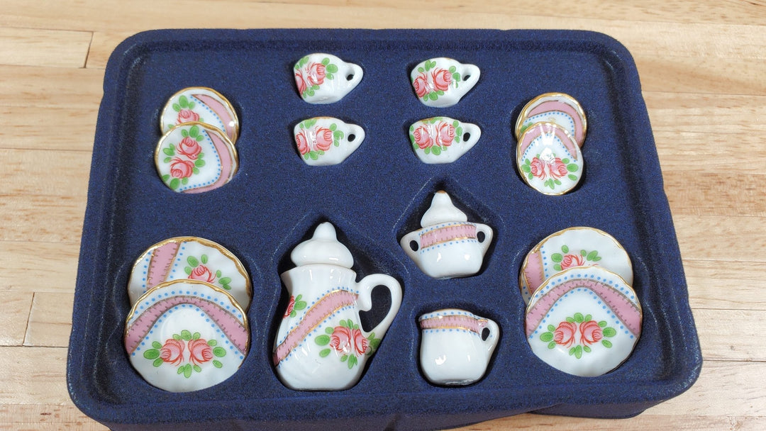 Dollhouse Coffee Set with Plates Cups "Blushing Rose" Ceramic 1:12 Scale - MiniatureCrush