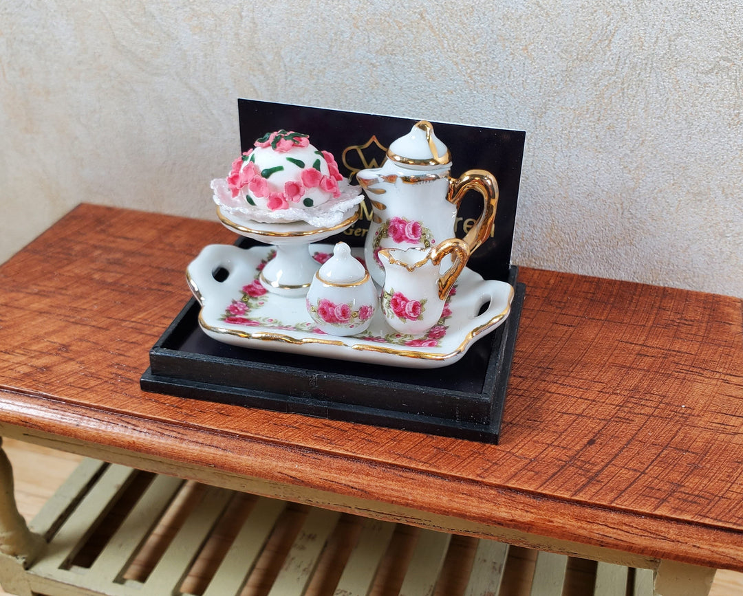 Dollhouse Coffee Tray with Rose Cake Reutter Porcelain 1:12 Scale Miniature - MiniatureCrush