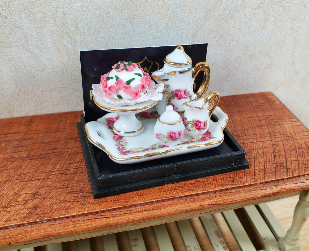 Dollhouse Coffee Tray with Rose Cake Reutter Porcelain 1:12 Scale Miniature - MiniatureCrush
