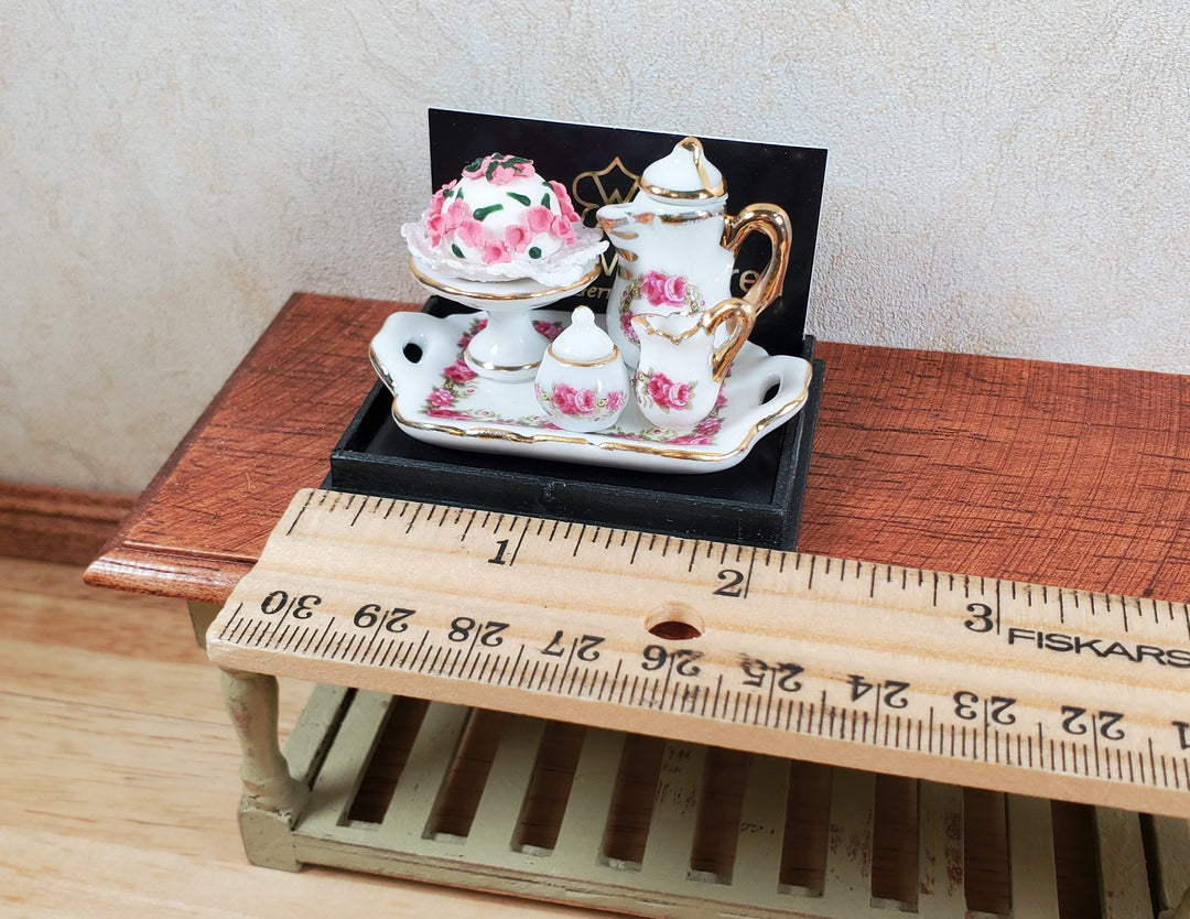 Dollhouse Coffee Tray with Rose Cake Reutter Porcelain 1:12 Scale Miniature - MiniatureCrush