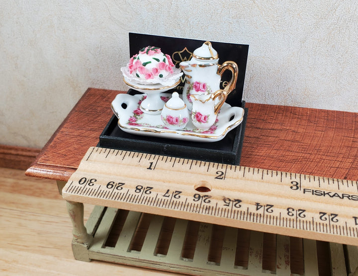 Dollhouse Coffee Tray with Rose Cake Reutter Porcelain 1:12 Scale Miniature - MiniatureCrush