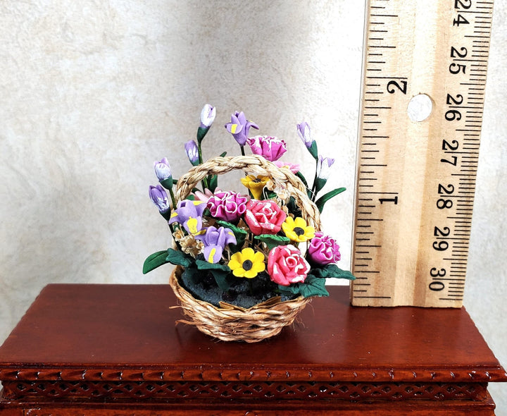 Dollhouse Colorful Basket of Flowers Pink & Purple with Greenery 1:12 Scale - MiniatureCrush