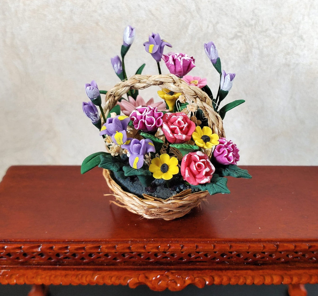 Dollhouse Colorful Basket of Flowers Pink & Purple with Greenery 1:12 Scale - MiniatureCrush
