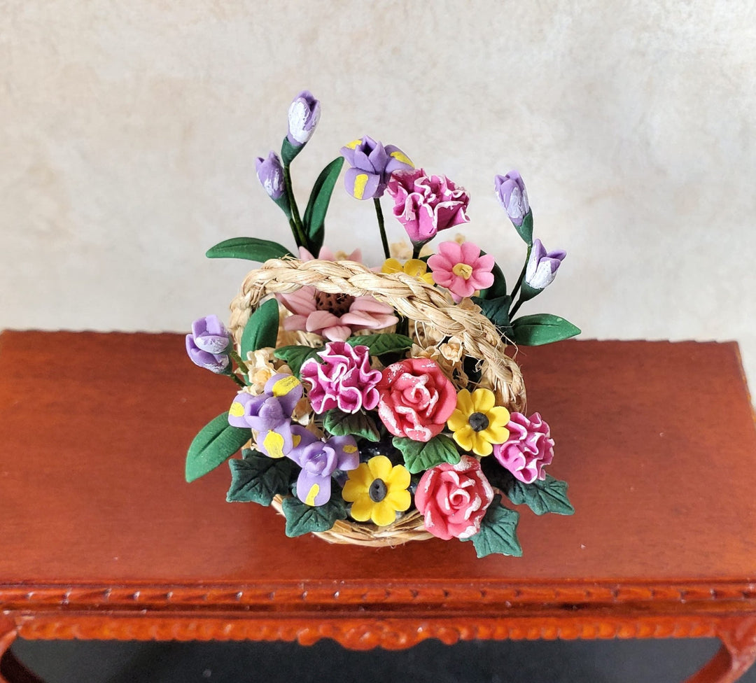 Dollhouse Colorful Basket of Flowers Pink & Purple with Greenery 1:12 Scale - MiniatureCrush