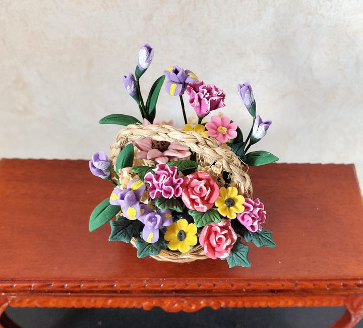 Dollhouse Colorful Basket of Flowers Pink & Purple with Greenery 1:12 Scale - MiniatureCrush