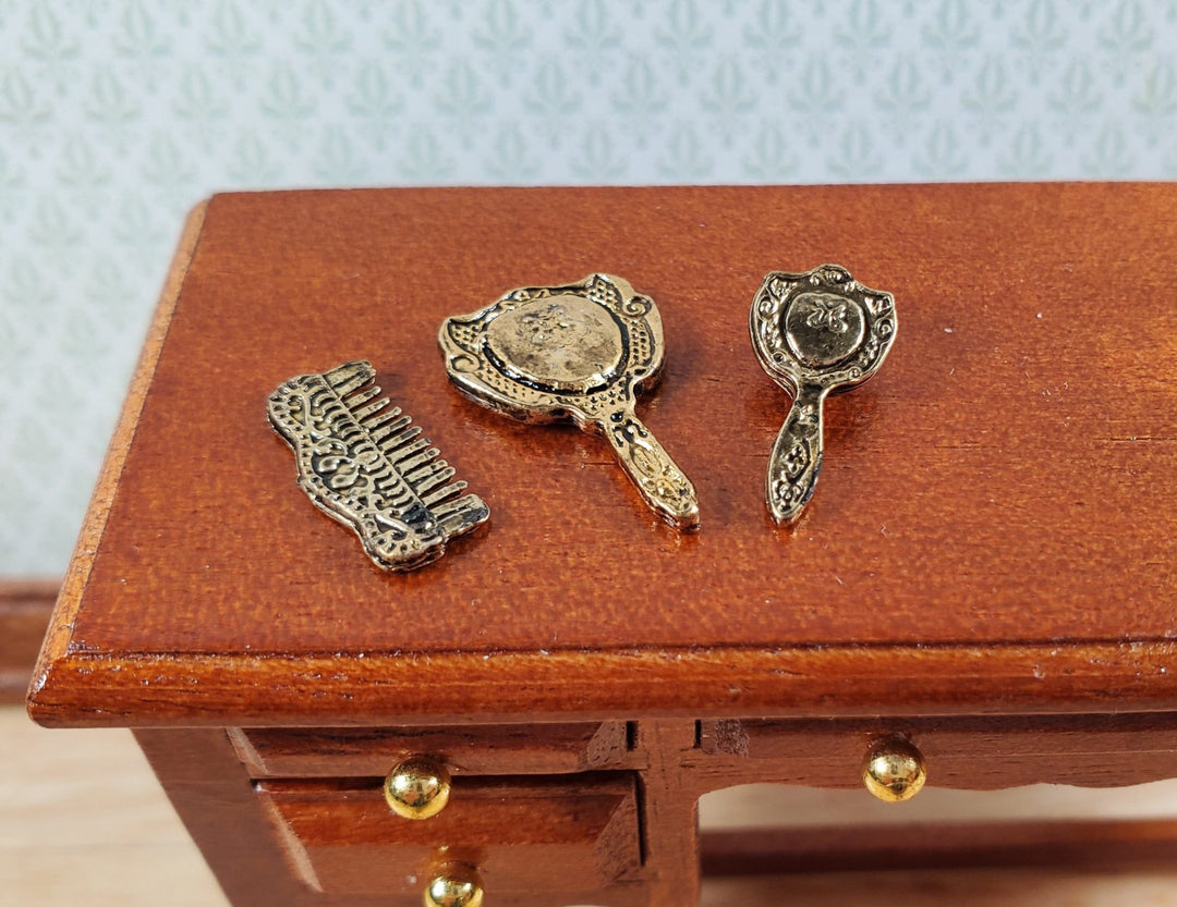 Dollhouse Comb Brush Hand Mirror Vanity Set Antique Gold Metal 1:12 Scale - MiniatureCrush