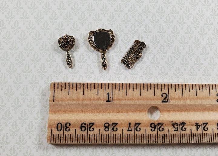Dollhouse Comb Brush Hand Mirror Vanity Set Antique Gold Metal 1:12 Scale - MiniatureCrush