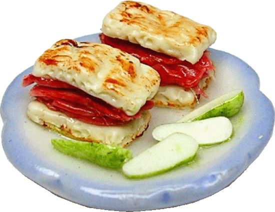 Dollhouse Corned Beef Sandwich on a Blue & White Plate 1:12 Scale Miniature Food - MiniatureCrush