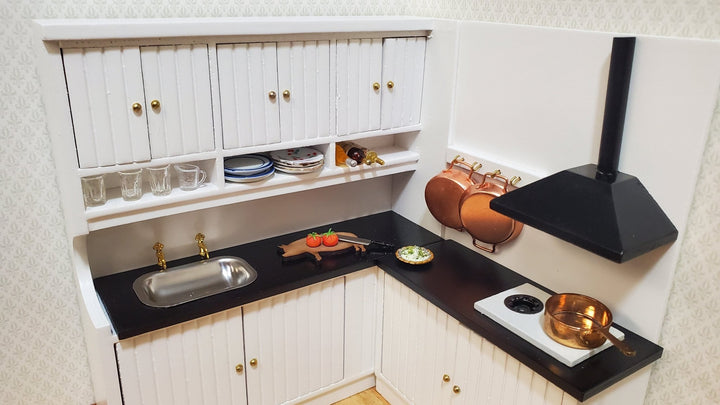 Dollhouse Corner Kitchen Set WHITE Sink Stove Top Cabinets 1:12 Scale Miniature - MiniatureCrush