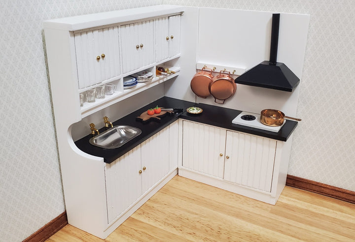 Dollhouse Corner Kitchen Set WHITE Sink Stove Top Cabinets 1:12 Scale Miniature - MiniatureCrush