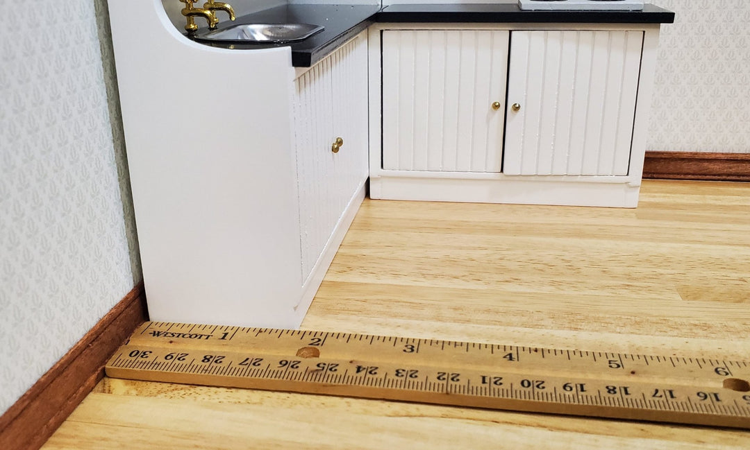 Dollhouse Corner Kitchen Set WHITE Sink Stove Top Cabinets 1:12 Scale Miniature - MiniatureCrush