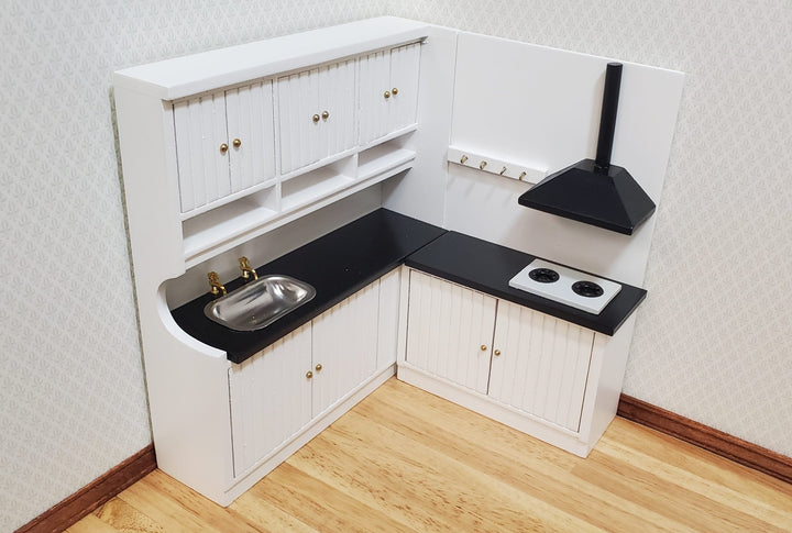 Dollhouse Corner Kitchen Set WHITE Sink Stove Top Cabinets 1:12 Scale Miniature - MiniatureCrush