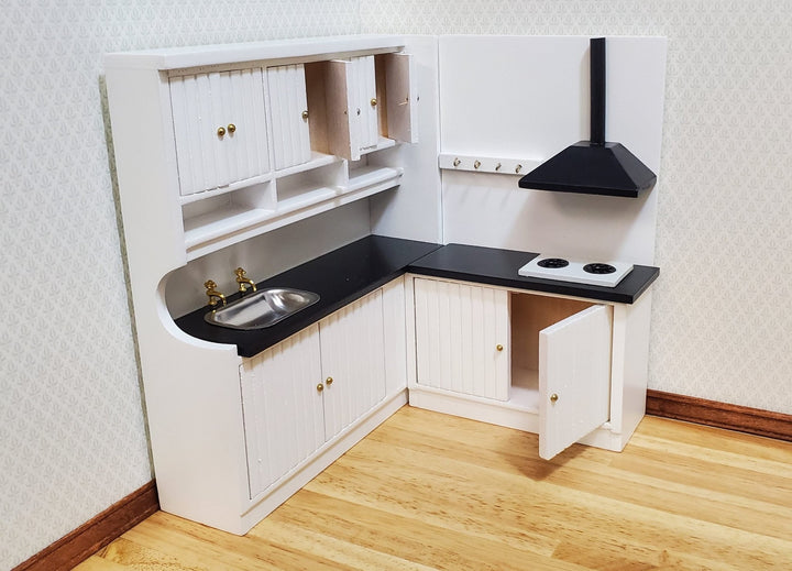 Dollhouse Corner Kitchen Set WHITE Sink Stove Top Cabinets 1:12 Scale Miniature - MiniatureCrush