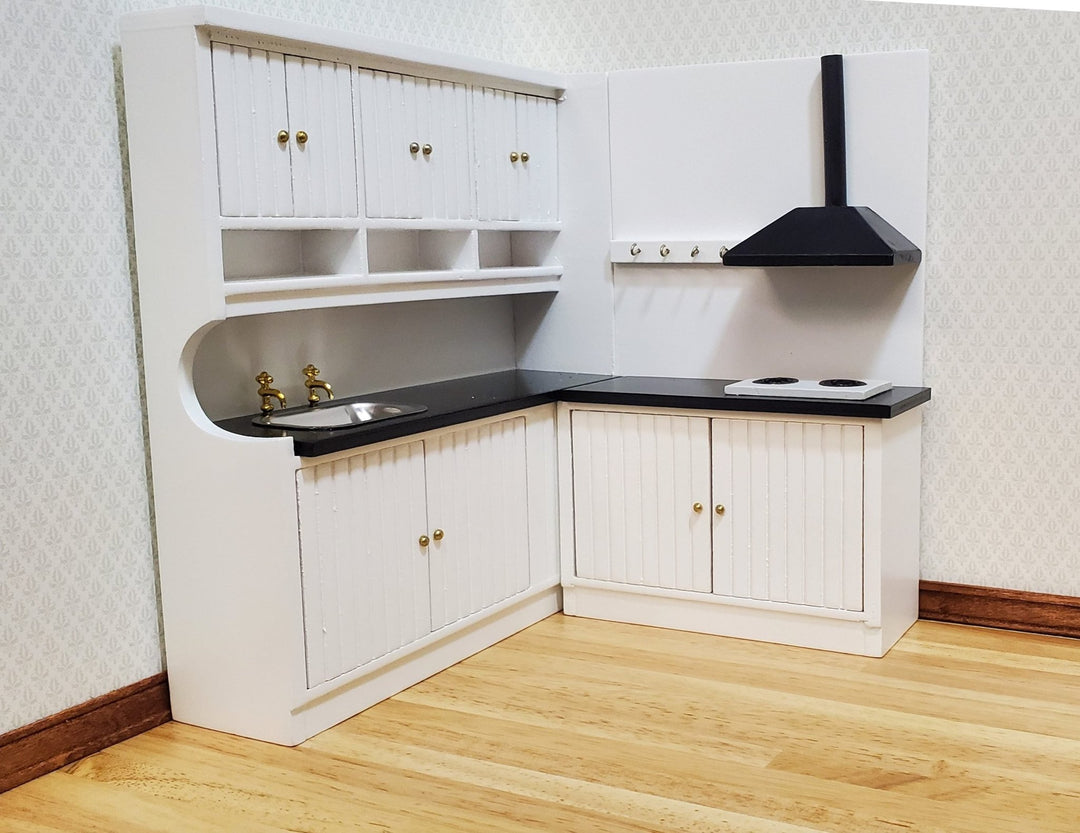 Dollhouse Corner Kitchen Set WHITE Sink Stove Top Cabinets 1:12 Scale Miniature - MiniatureCrush