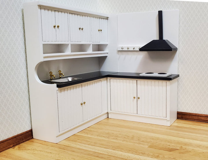 Dollhouse Corner Kitchen Set WHITE Sink Stove Top Cabinets 1:12 Scale Miniature - MiniatureCrush