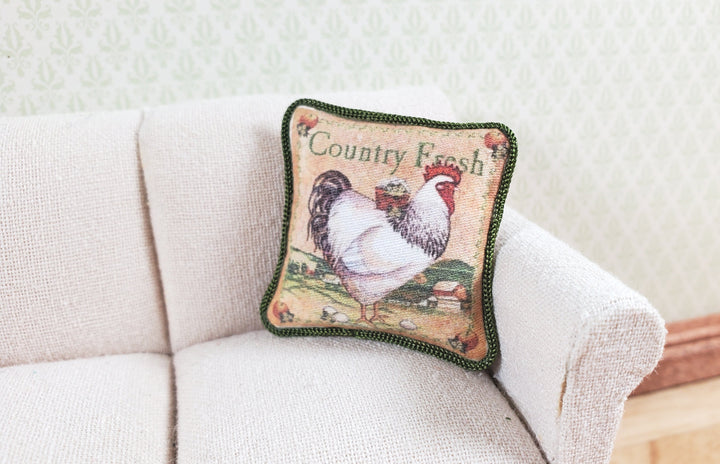 Dollhouse Country Rooster Pillow Green Trim Handmade 1:12 Scale Miniature - MiniatureCrush