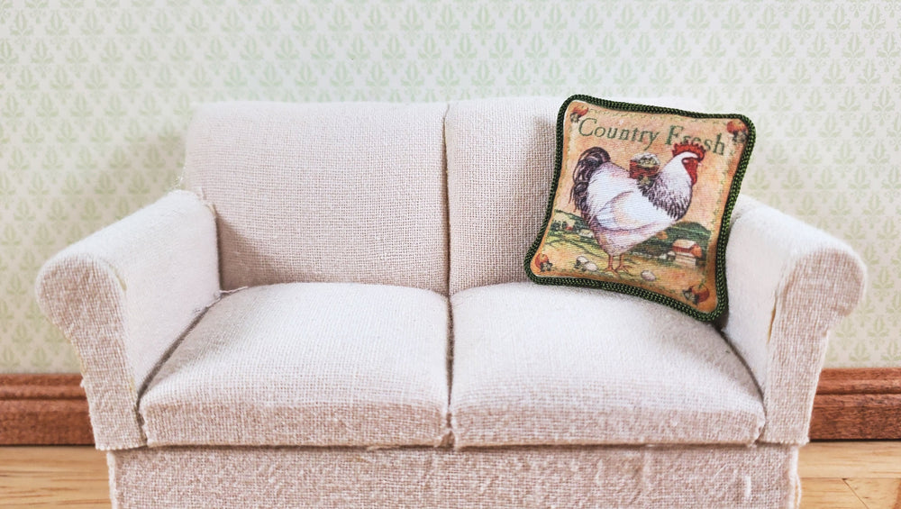Dollhouse Country Rooster Pillow Green Trim Handmade 1:12 Scale Miniature - MiniatureCrush