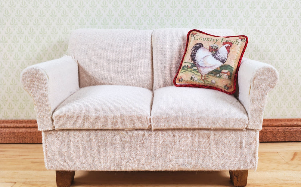 Dollhouse Country Rooster Pillow Red Trim Handmade 1:12 Scale Miniature - MiniatureCrush