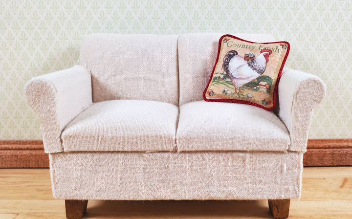 Dollhouse Country Rooster Pillow Red Trim Handmade 1:12 Scale Miniature - MiniatureCrush