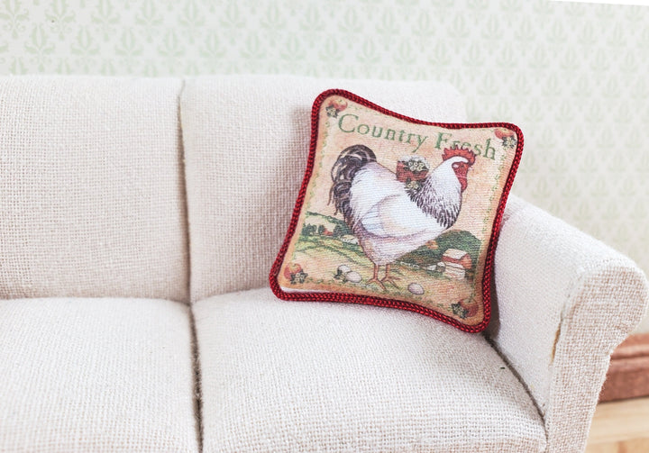 Dollhouse Country Rooster Pillow Red Trim Handmade 1:12 Scale Miniature - MiniatureCrush