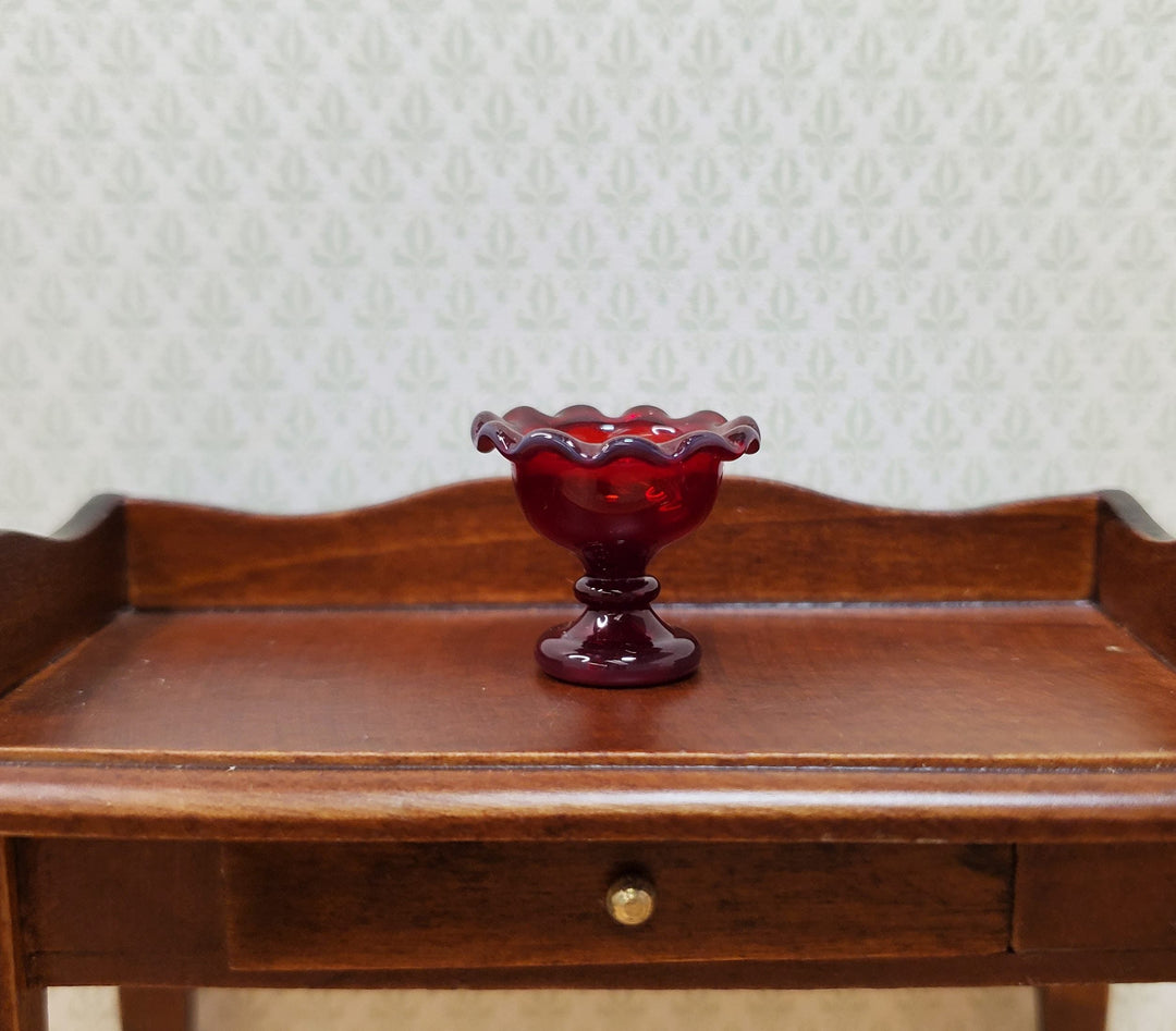 Dollhouse Cranberry Red Glass Pedestal Bowl Handmade 1:12 Scale Miniature - MiniatureCrush