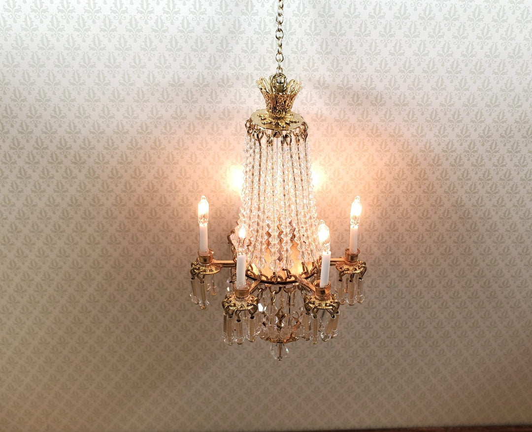 Dollhouse Crystal Chandelier Grand 6 Arm Real Glass 12 Volt 1:12 Scale Miniature - MiniatureCrush