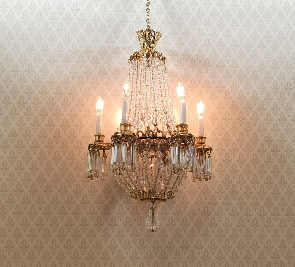 Dollhouse Crystal Chandelier Grand 6 Arm Real Glass 12 Volt 1:12 Scale Miniature - MiniatureCrush