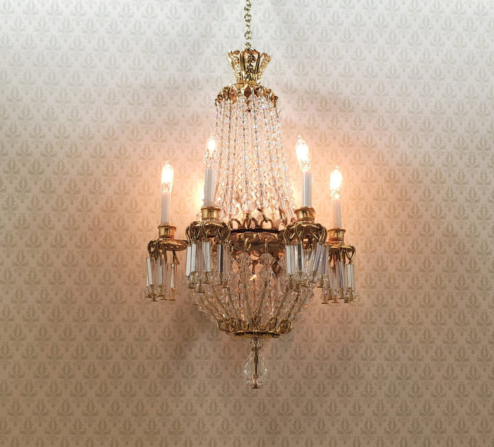 Dollhouse Crystal Chandelier Grand 6 Arm Real Glass 12 Volt 1:12 Scale Miniature - MiniatureCrush