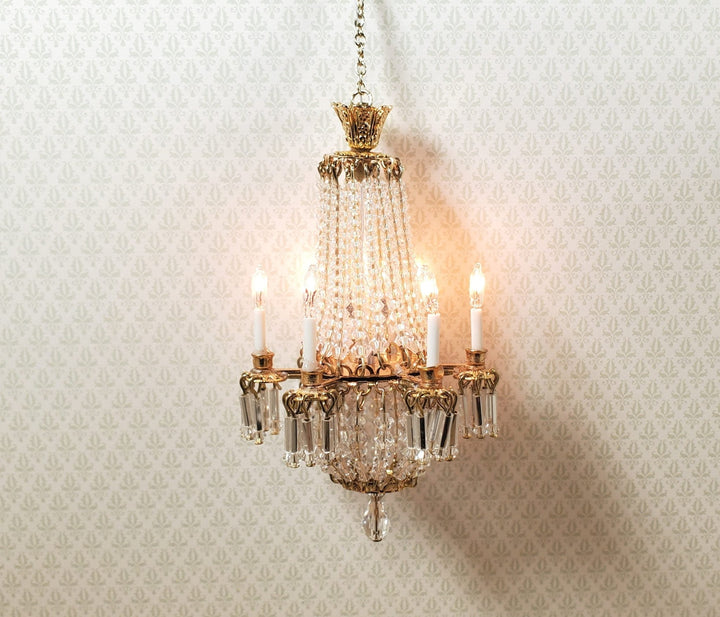 Dollhouse Crystal Chandelier Grand 6 Arm Real Glass 12 Volt 1:12 Scale Miniature - MiniatureCrush