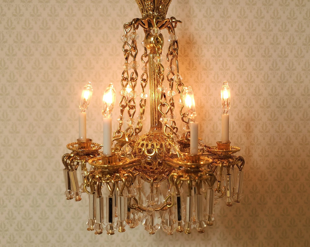 Dollhouse Crystal Chandelier with Drapes 6 Arm Real Glass 12 Volt 1:12 Scale - MiniatureCrush
