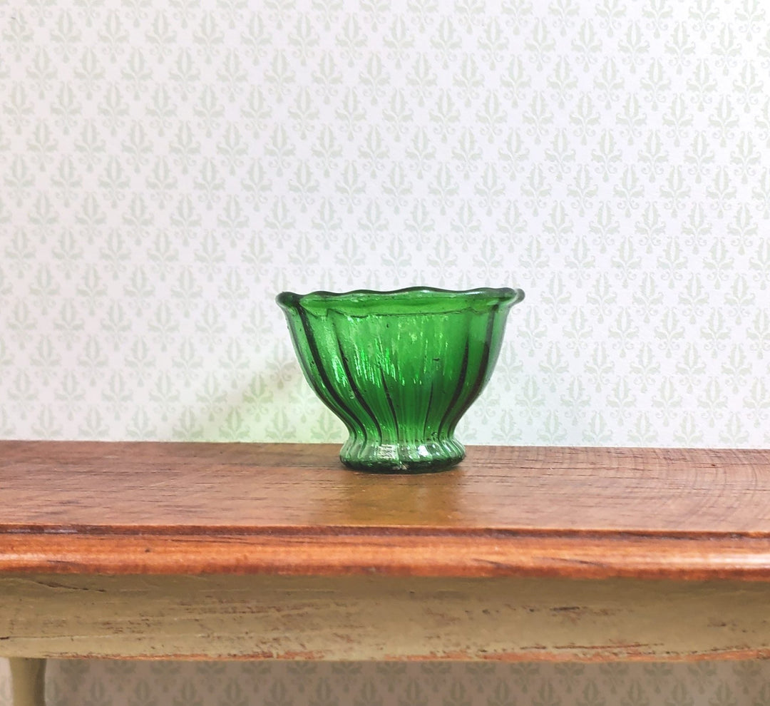 Dollhouse Crystal Green Glass Flared Footed Bowl 1:12 Scale Some Color Flaw - MiniatureCrush